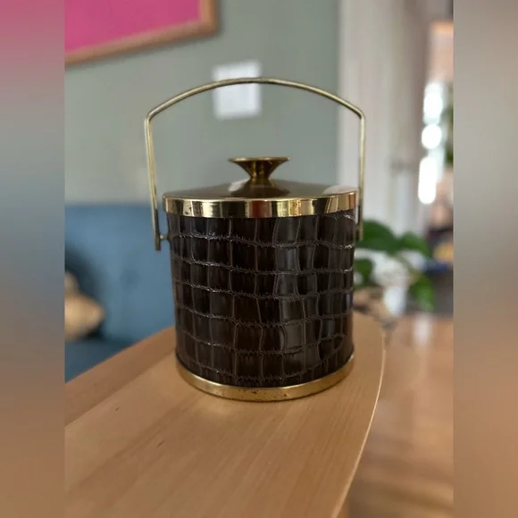 True Vintage Barware Leather & Brass ice bucket bar accessory drinks holiday - Picture 4 of 10